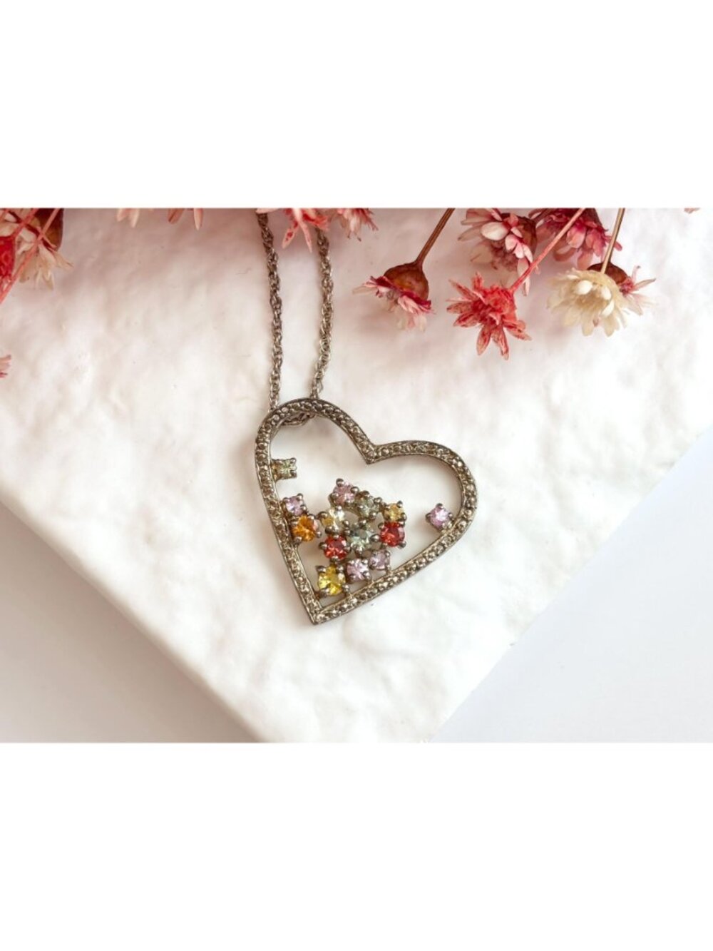 Rainbow Gemstone Heart Shaped Sterling Silver 925 Vintage Pendant Necklace - 18" - Picture 13 of 16